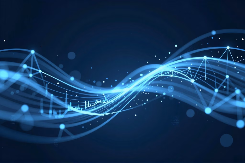Visualisation abstraite de flux de donnees analytiques avec noeuds lumineux interconnectes sur fond bleu