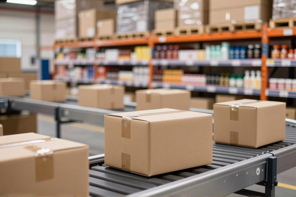 Entrepot de logistique e-commerce avec colis sur convoyeur et etageres de produits organisees