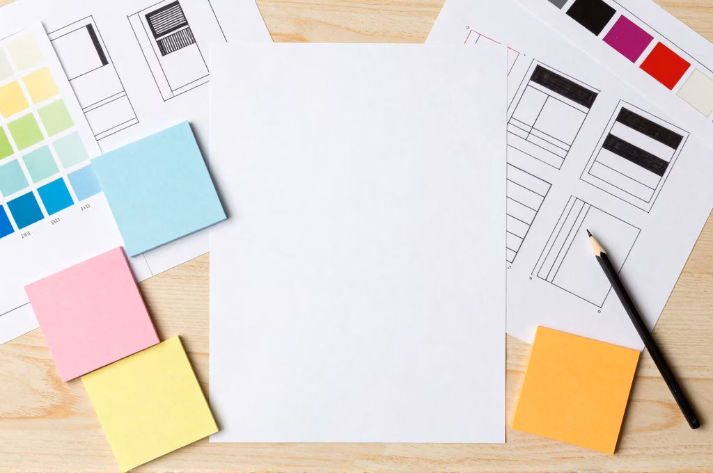 Planification et maquettage du design web avec palettes de couleurs et wireframes