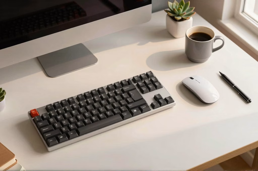 Espace de travail minimaliste pour la creation de site WordPress avec clavier et cafe