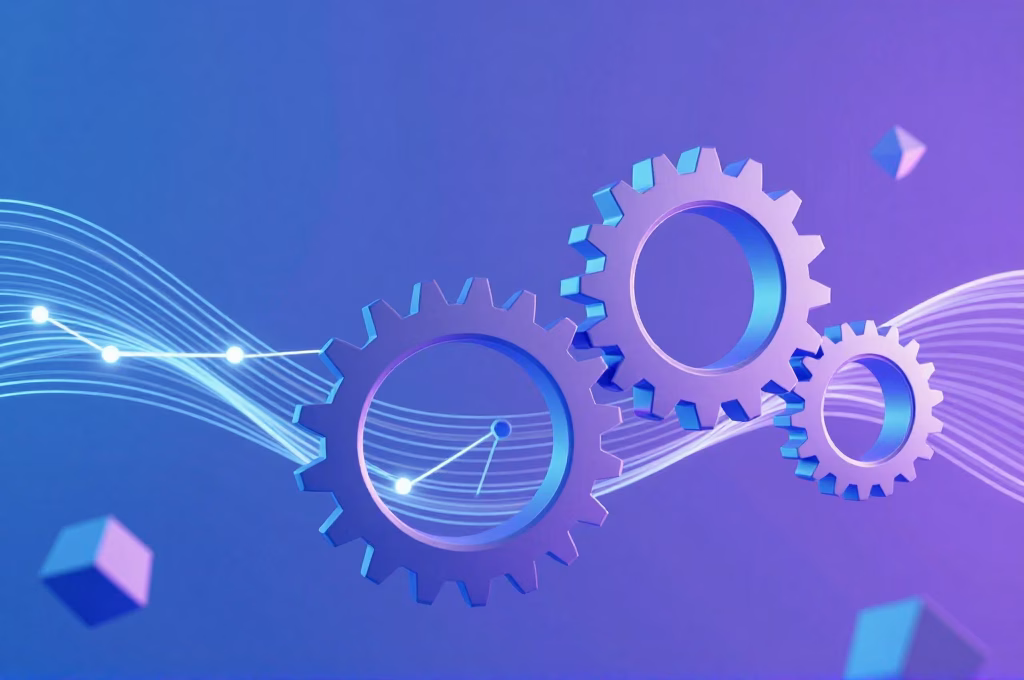 Engrenages et connexions lumineuses illustrant un workflow d'automation email marketing
