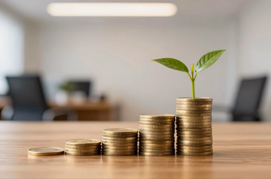 Pieces de monnaie empilees en croissance avec pousse vegetale, symbolisant le retour sur investissement Google Ads