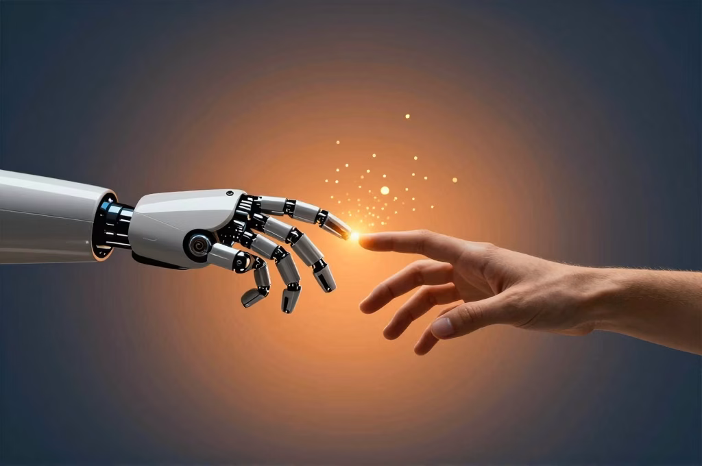 Main robotique et main humaine se rejoignant symbolisant la collaboration entre intelligence artificielle et creativite humaine