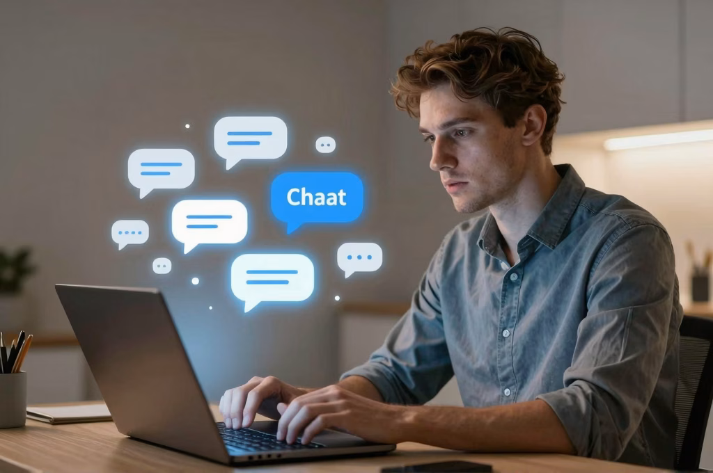 Professionnel utilisant un chatbot IA pour l'automation du lead nurturing et qualification automatique de prospects