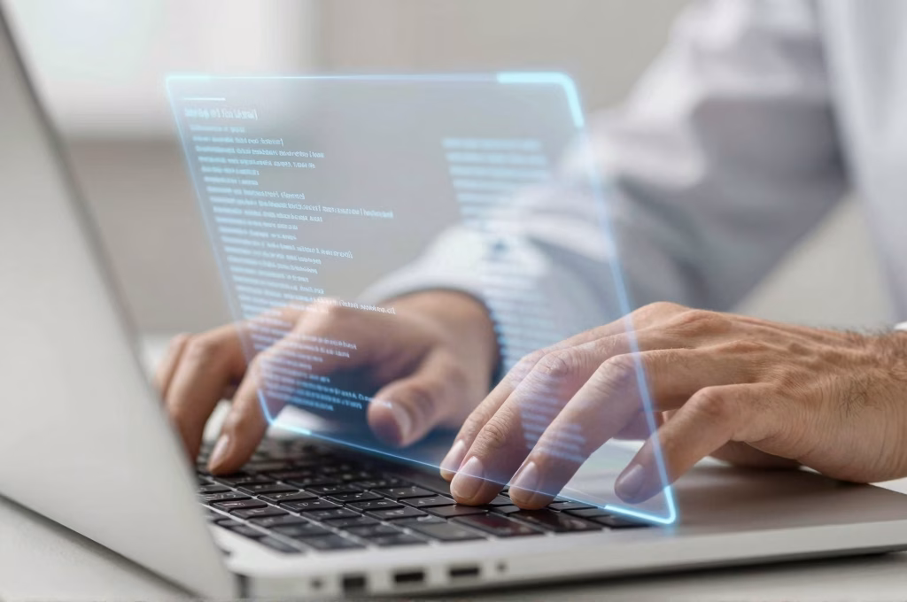 Mains dactylographiant sur un clavier d'ordinateur portable avec une interface holographique d'IA affichant la génération de texte en temps réel