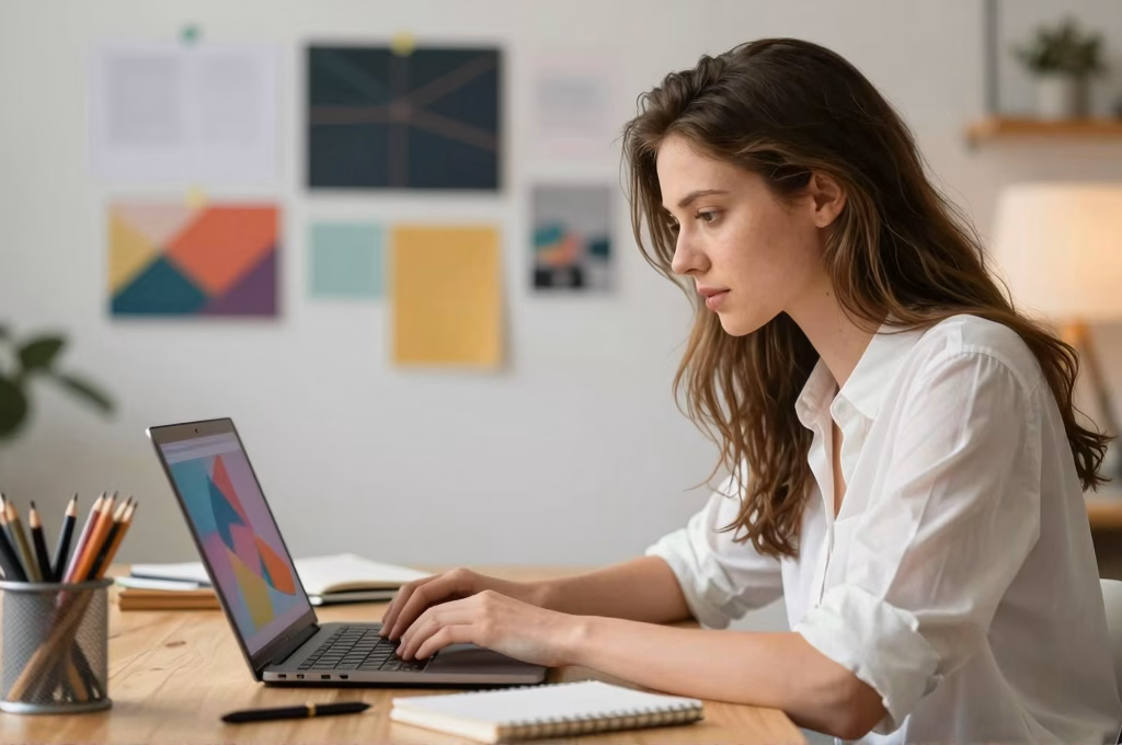 Web designer professionnelle travaillant sur un projet de création de site internet dans son studio