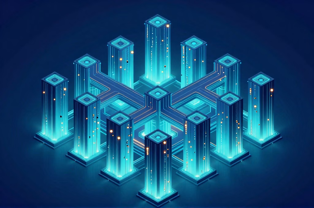 Architecture géométrique abstraite avec piliers lumineux représentant les fondations techniques SEO
