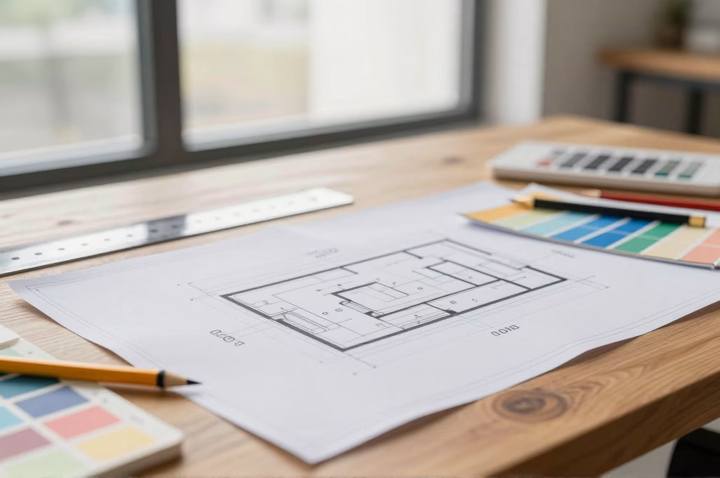 Espace de travail creatif avec plans de conception web et outils de design sur un bureau en bois