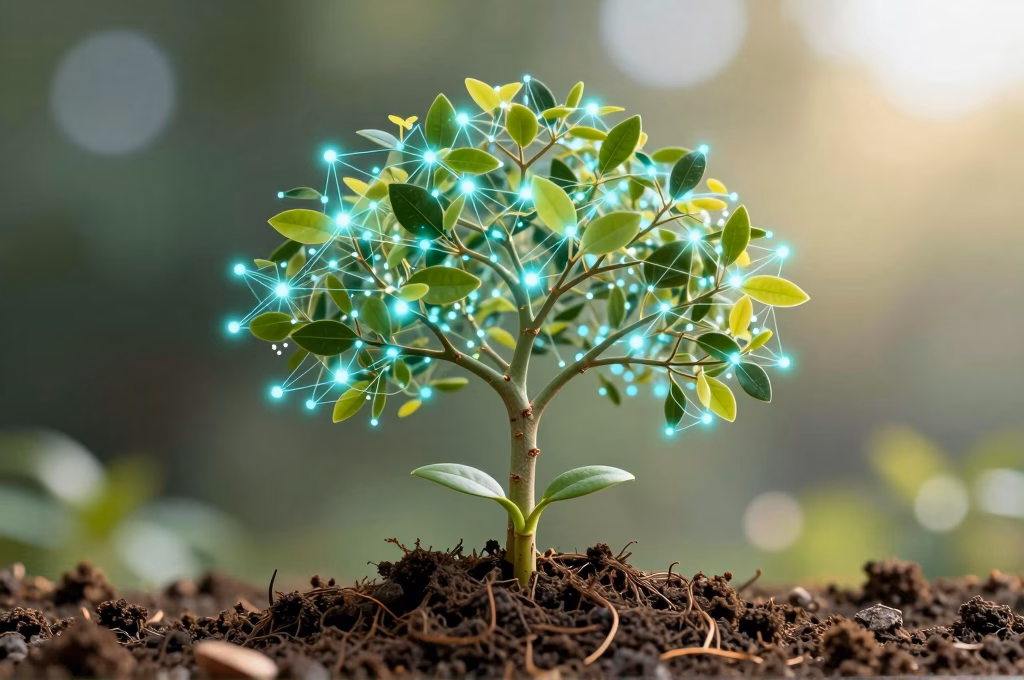 Arbre digital lumineux symbolisant la croissance organique generee par une strategie de contenu